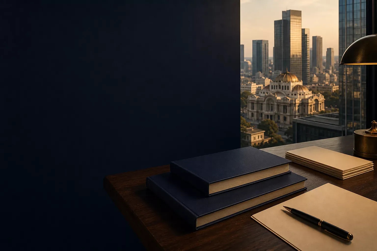 Escritorio de nogal con expedientes encuadernados y vista a la Ciudad de México al atardecer