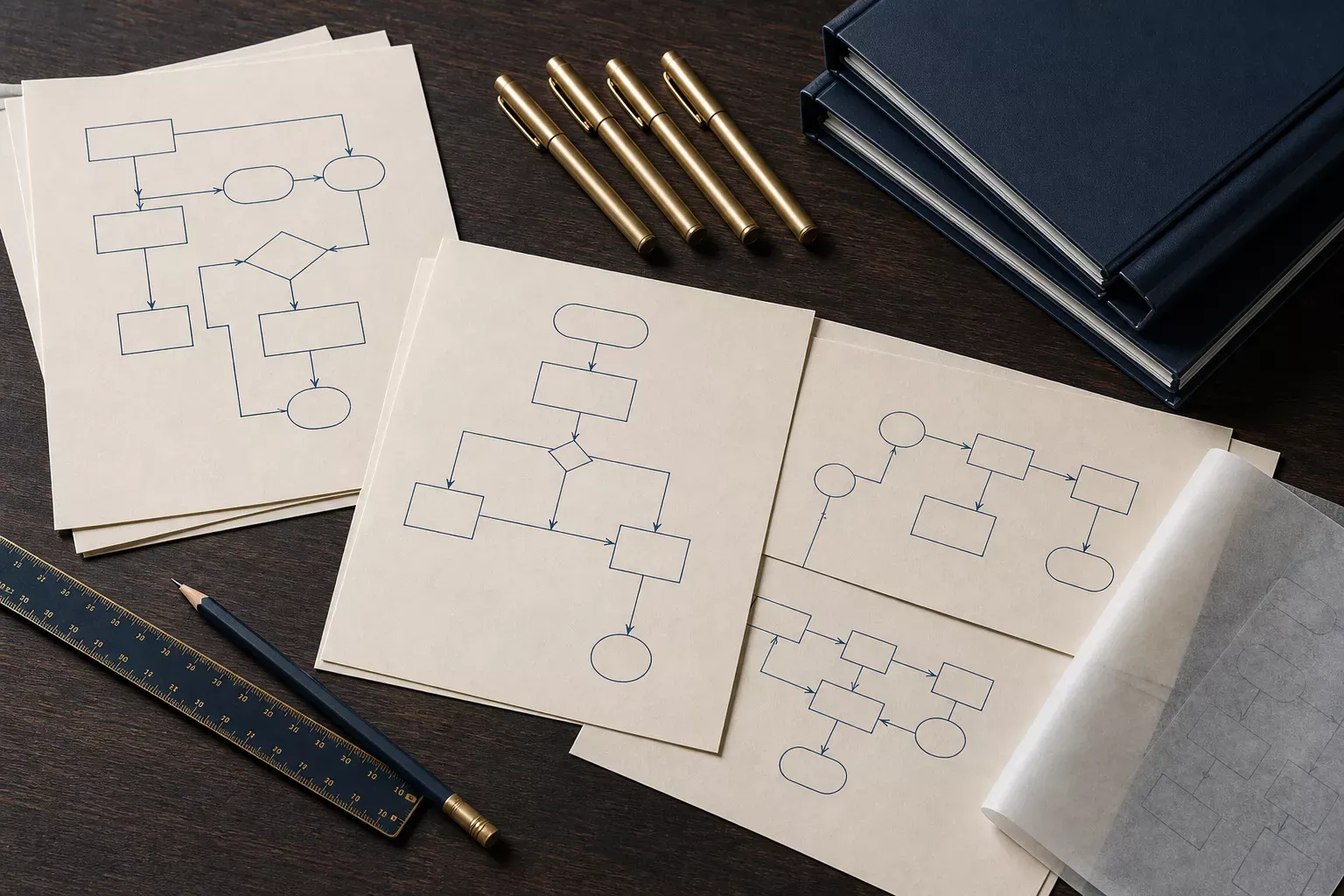 Vista cenital de diagramas de procesos sobre una mesa de trabajo